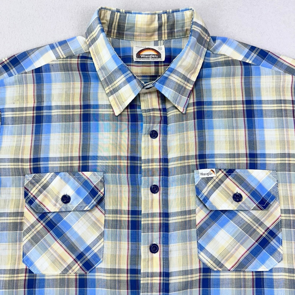 Vintage 70s 80s Wrangler Button Up‎ Shirt Men's XL Blue Plaid Western USA Made